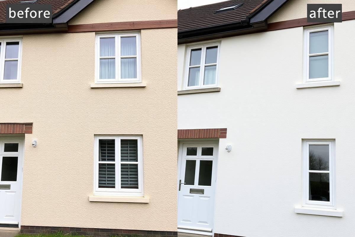 Before and after of a rendered house facade